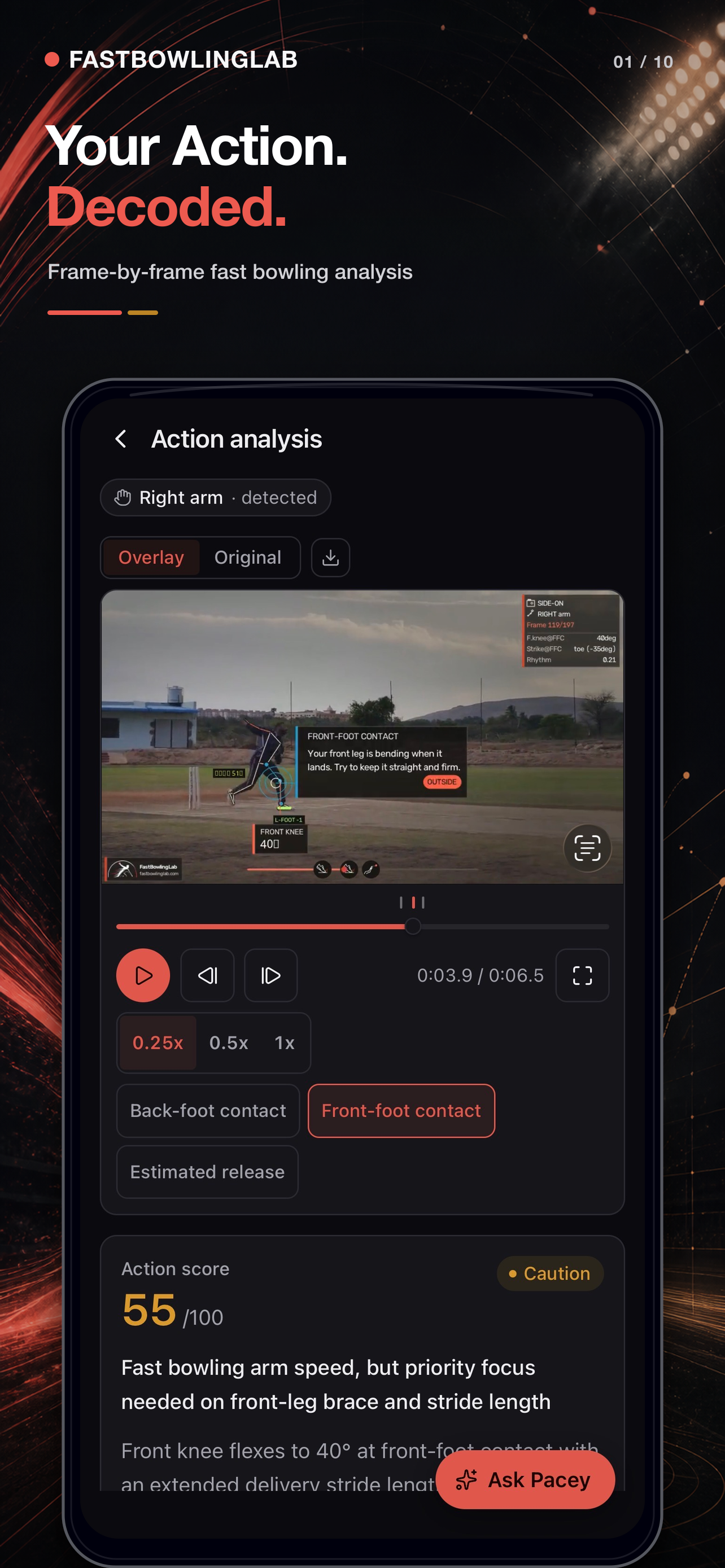 FastBowlingLab action analysis screen with an annotated delivery video and action score.