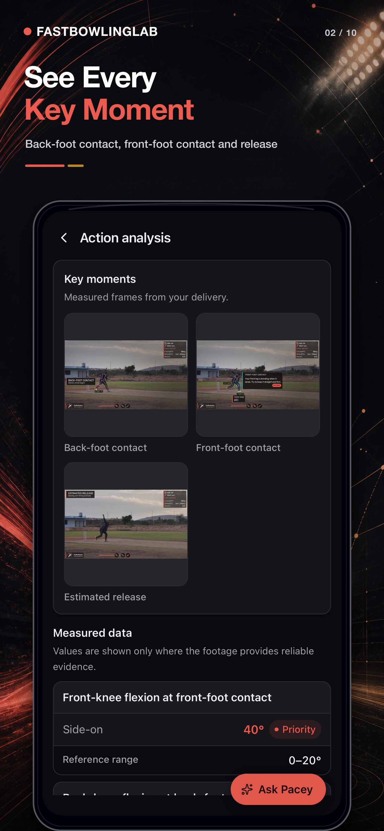 FastBowlingLab key moments screen showing back-foot contact, front-foot contact and release frames.
