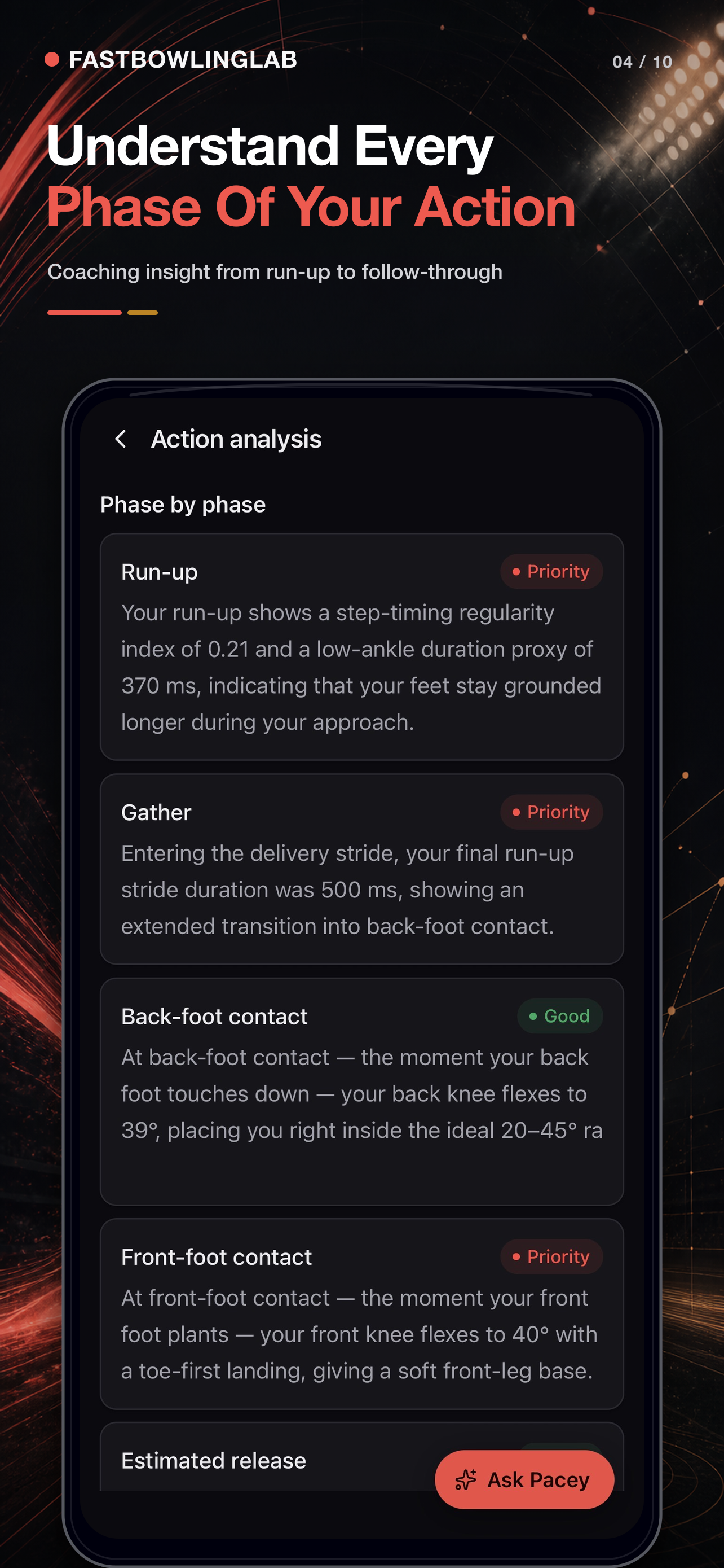 FastBowlingLab phase-by-phase coaching screen covering the run-up, gather and delivery contacts.