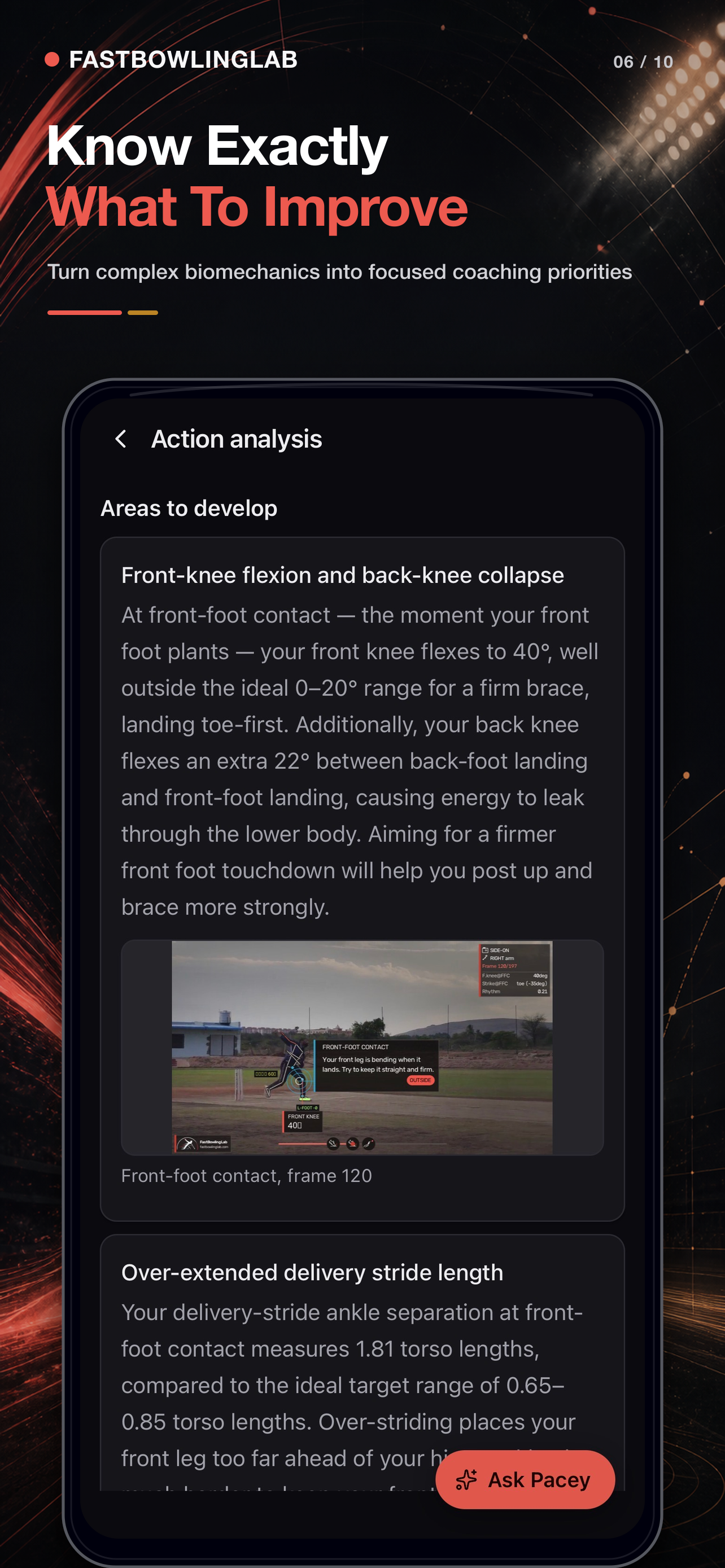 FastBowlingLab areas-to-develop screen with coaching guidance and an annotated front-foot contact frame.