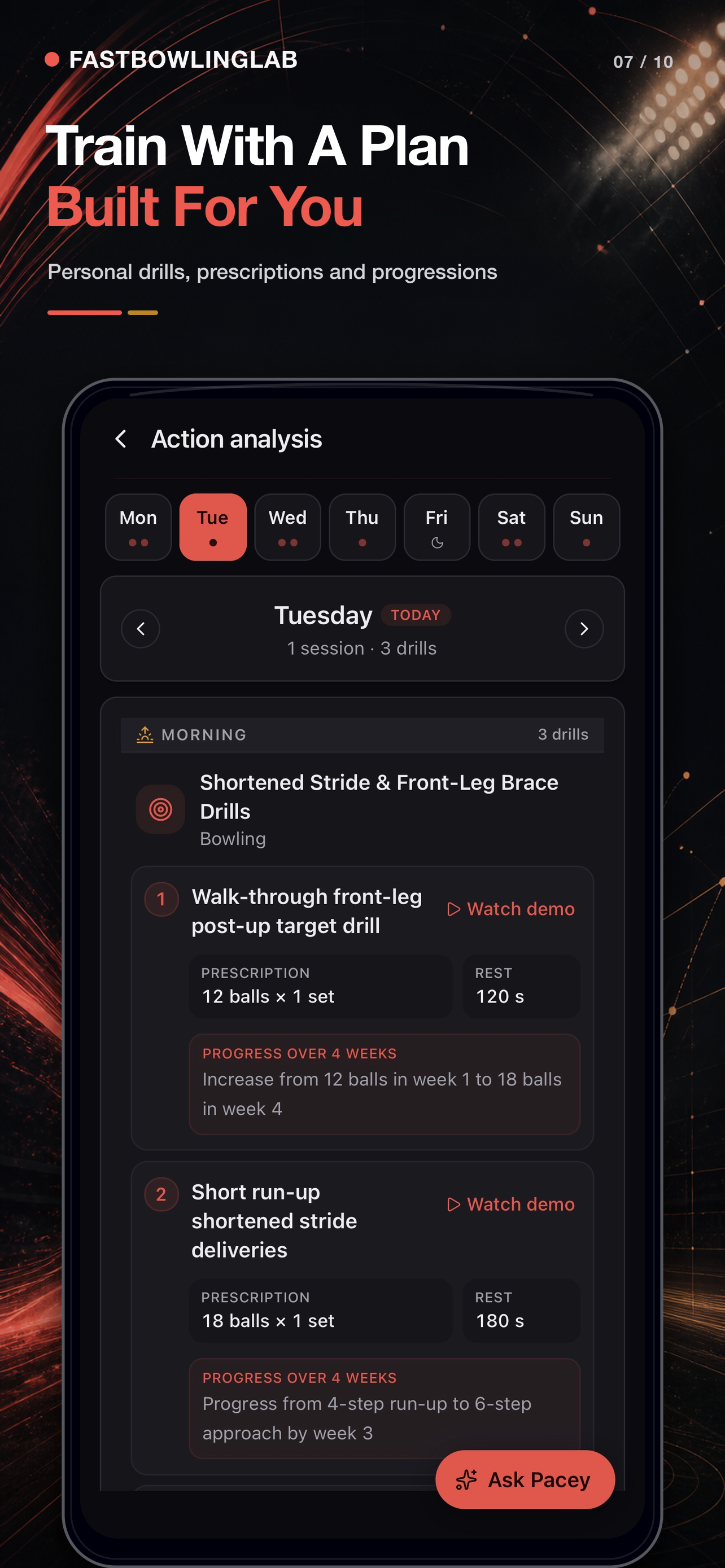 FastBowlingLab training plan screen showing a daily bowling drill session with prescriptions and progression.