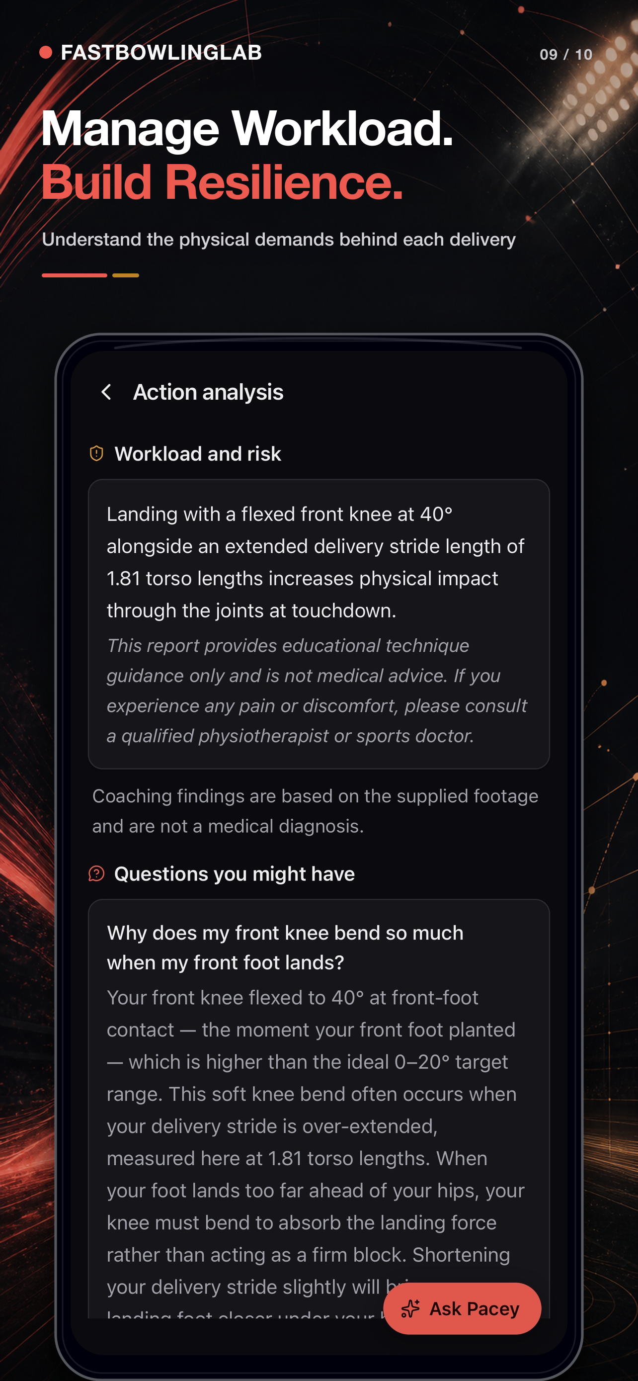 FastBowlingLab workload and risk screen with technique guidance and a coaching question.