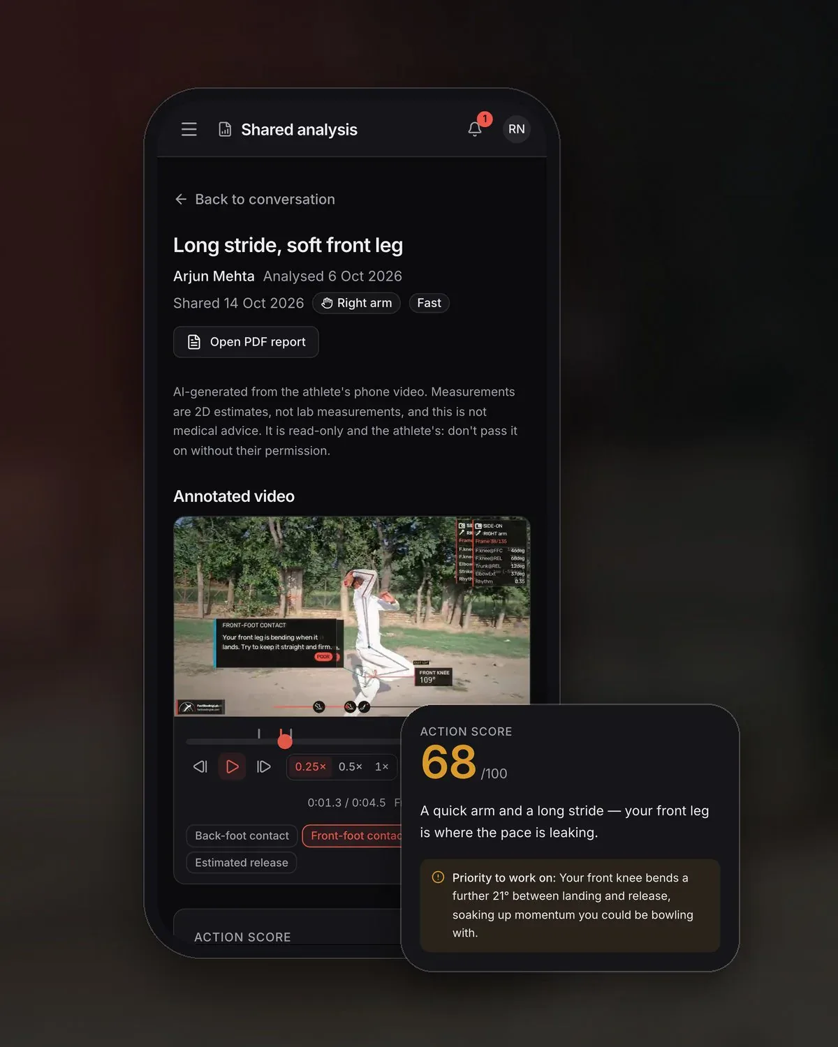 An athlete's analysis as a coach sees it after it was shared: the annotated video at front-foot contact and the key moments, beside the action score and the priority to work on.