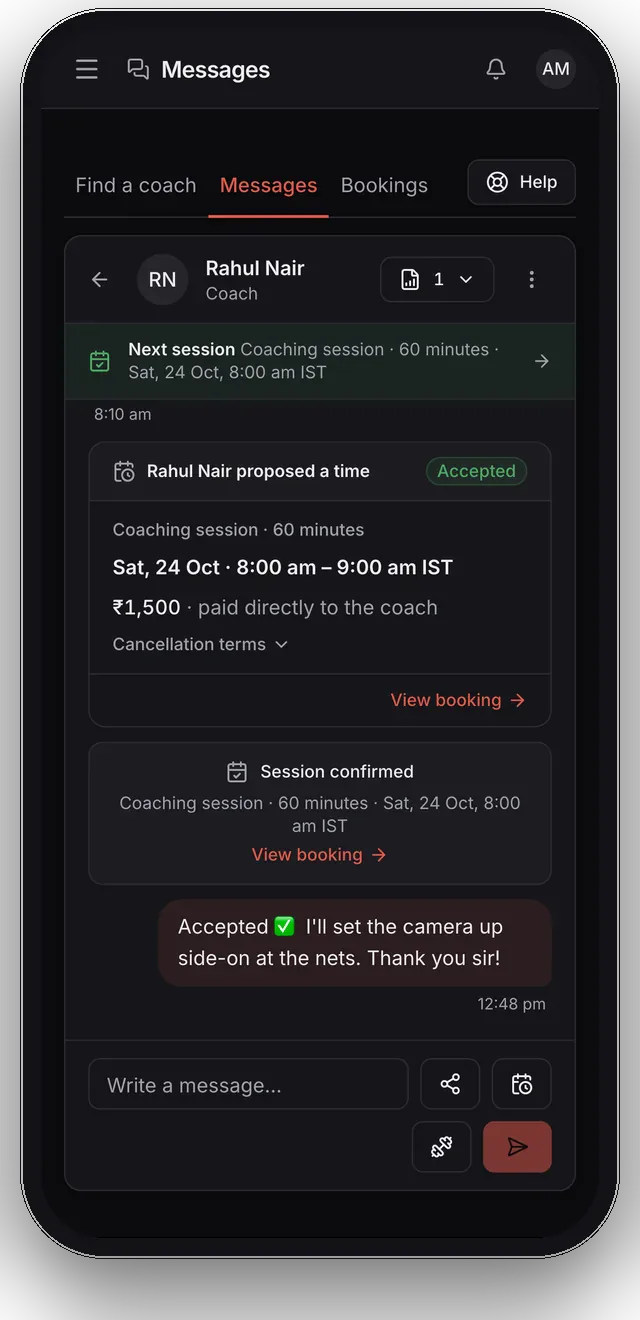A conversation with a coach: a session time proposed and accepted, the confirmed booking, and the athlete's reply.