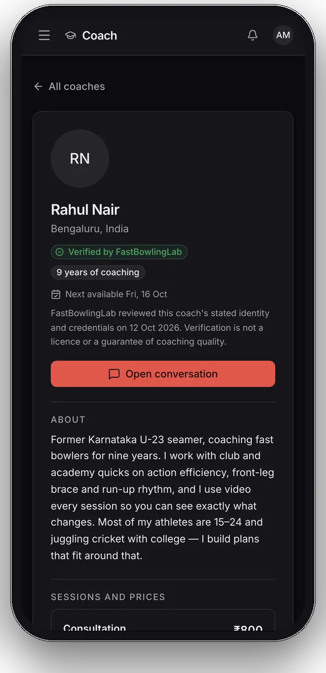 A coach's profile as an athlete sees it: verified badge, years of coaching, next available time and an about section.