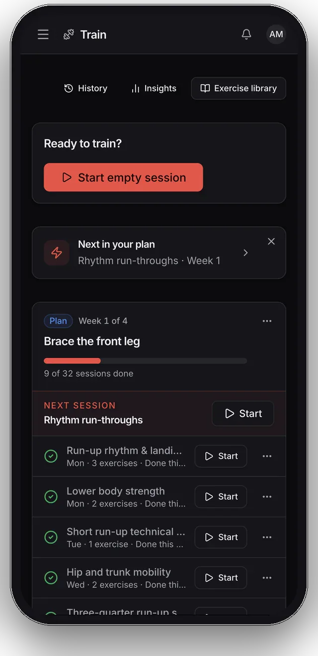 The Train tab: the next session of the plan, its progress, and the plan's routines ready to start.
