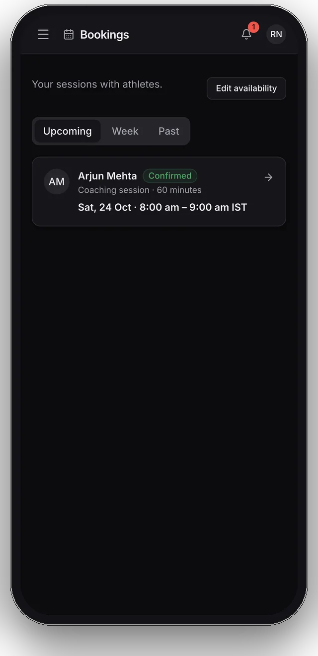 The coach's bookings: a confirmed 60-minute session with an athlete next Saturday morning.