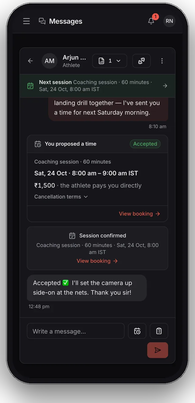 The coach's conversation with an athlete, with a session time proposed, accepted and confirmed.
