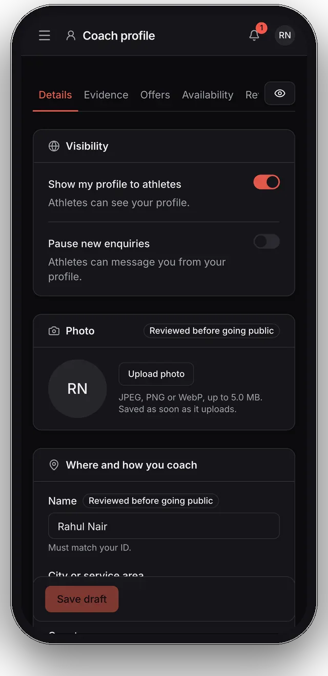 The coach's profile editor: switches to show the profile and pause enquiries, the photo, and the coach's details.